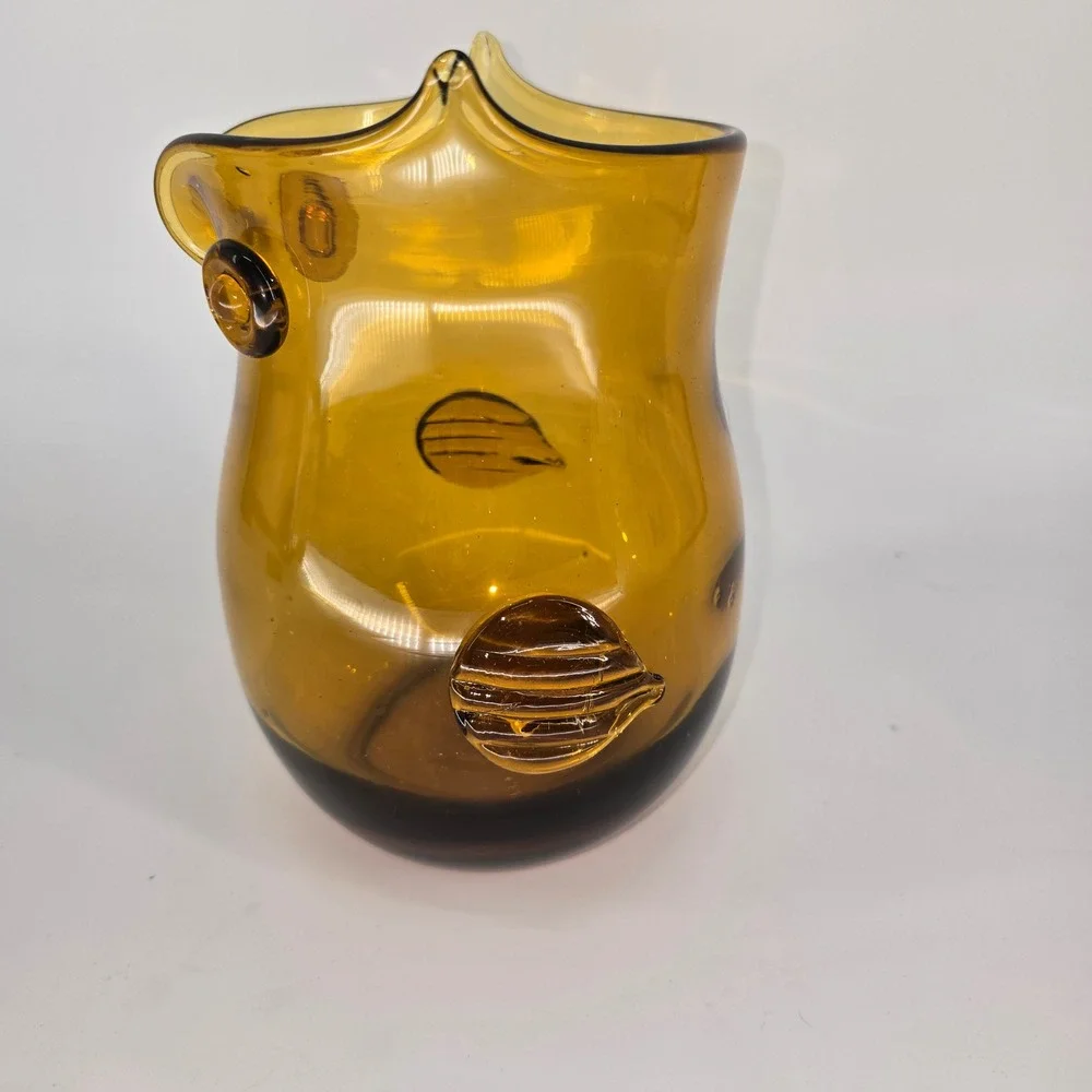 Vintage Pier 1 Amber Art Glass Owl Vase Pitcher Mid Century Modern‎ Decor 8in